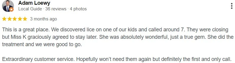 5-star Google review from Adam Loewy about Lice Clinics of Texas