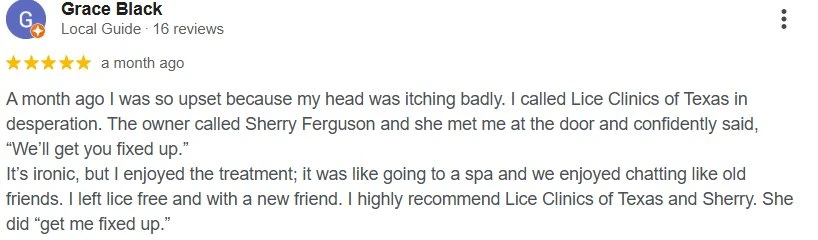 5-star Google review from Grace Black about Lice Clinics of Texas