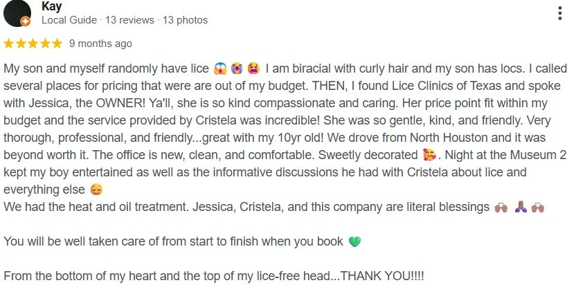 5-star Google review from Kay about Lice Clinics of Texas
