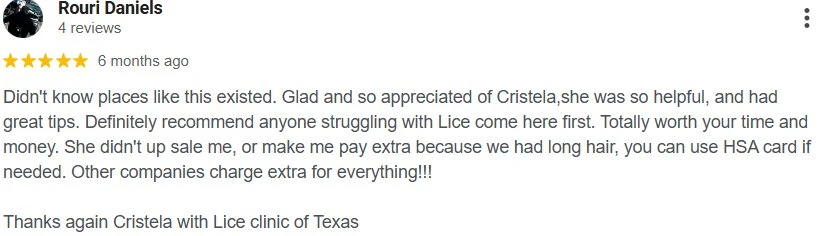 5-star Google review from Rouri Daniels about Lice Clinics of Texas