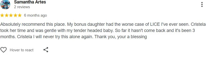 5-star Google review from Samantha Artes about Lice Clinics of Texas
